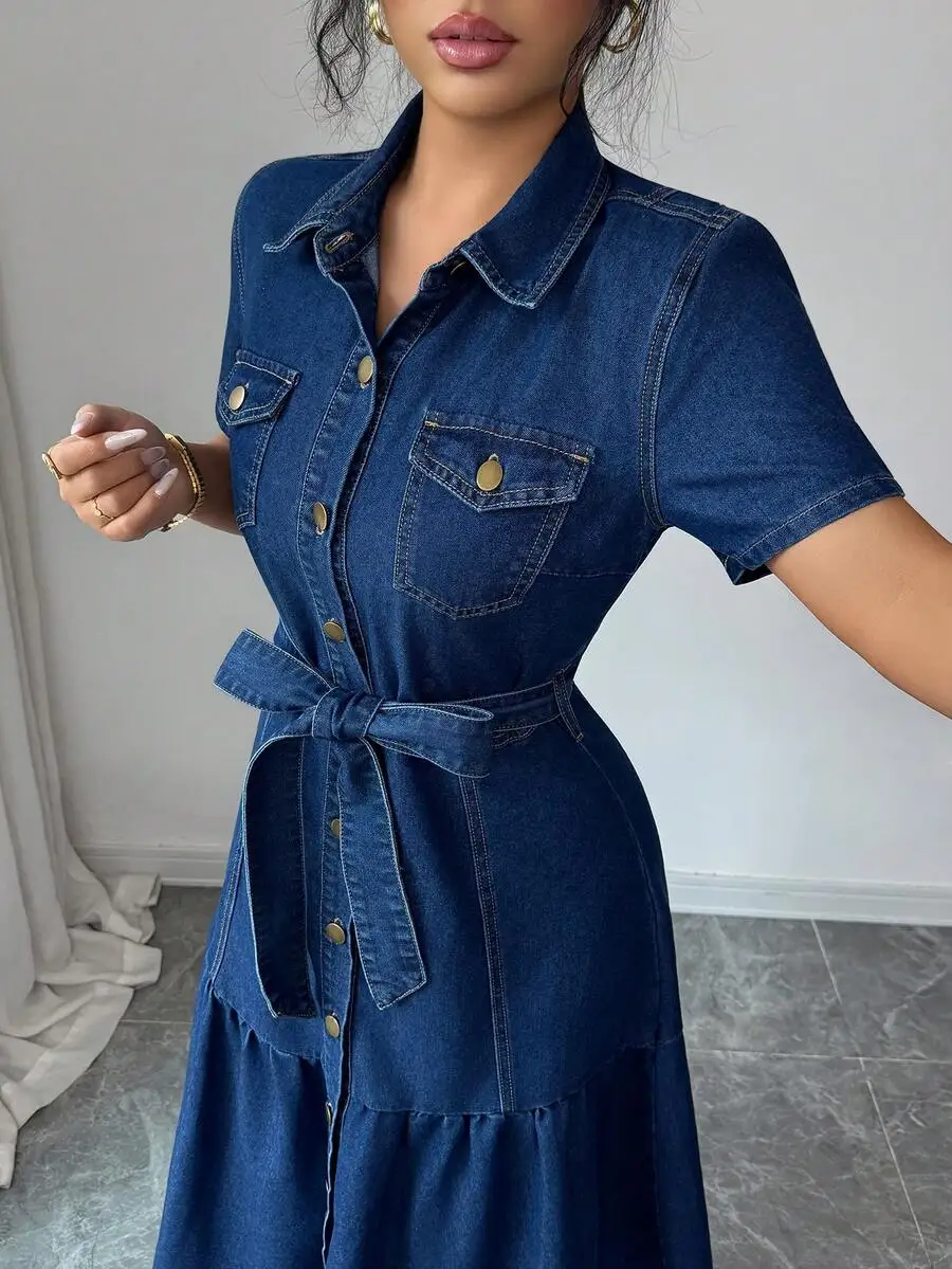 Womens Denim Shirt Dress With Button Front And Belted Waist 4