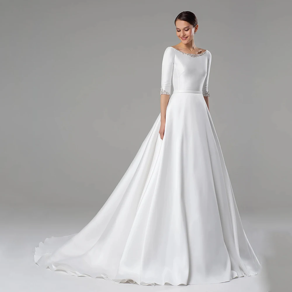 Modern Satin Wedding Dress Vestido De Noiva Customized Scoop Neck Half Sleeves Beading Stones A Line Bridal Gown for Women Bride 4