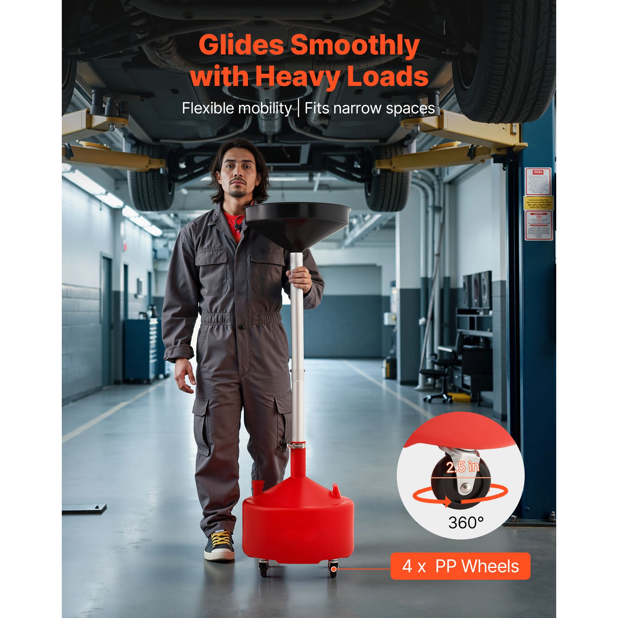 SucceBuy 8 Gal Waste Fluid Drain Tank with Height Adjustable Funnel Oil Drainer Fuel Transfer Drainage for Auto Repair Shops