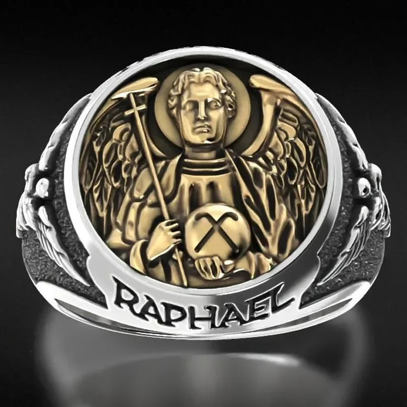 22g Ring Of The Holy Archangel Raphael Religious Art Relief Gold Rings  Customized 925 Solid Sterling Silver Rings Many Sizes 7- raphael