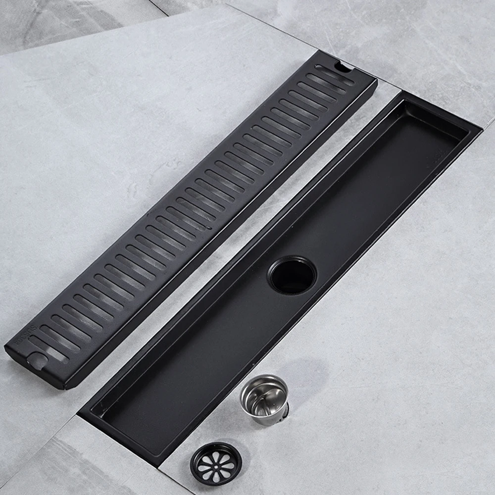 Description Picture 4 of item20-100cm Black Side Outlet Shower Drain Stainless Steel Bathroom Floor Drainage Linear Waste Drain Cover Roof Kitchen Accessory