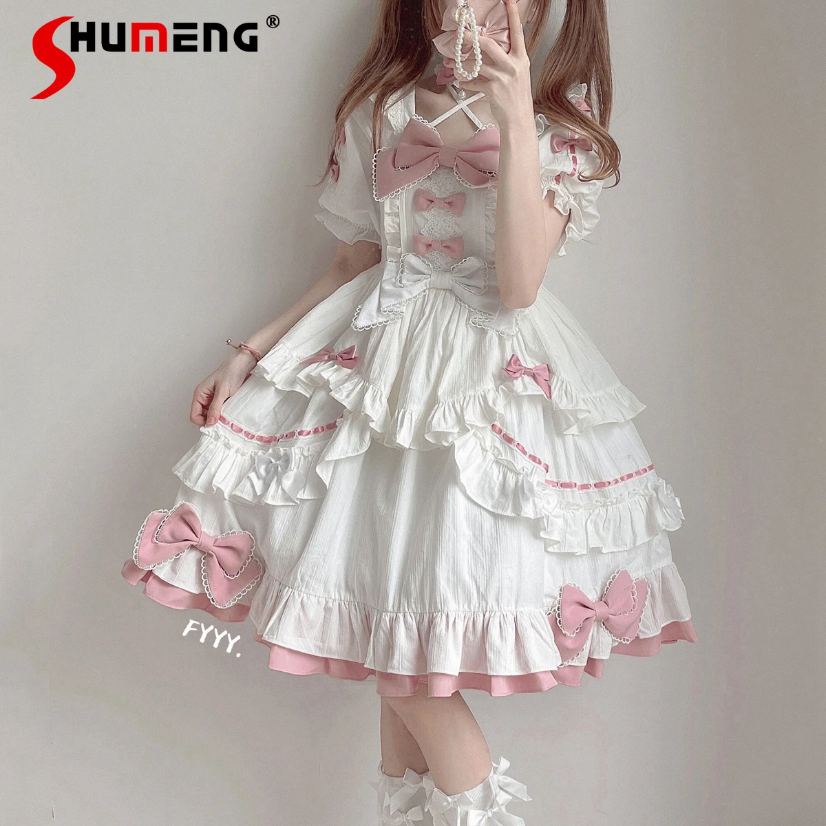 

New Fashion Summer Women Girls Short Sleeve Op Lolita Dress Sweet Pink Bow Decoration Slim White Ball Gown Dress