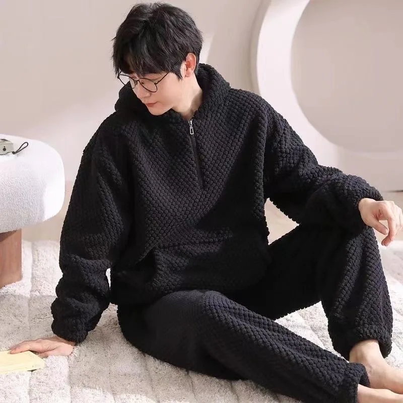 Men Pajamas Thicken Flannel Zipper Set Korean Long Sleeve Cardigan Coral Velvet Home Clothes Large Size Autumn Winter Sleepwear men sleepwear coral fleece pajama set loose zipper winter pajamas flannel plus size 3xl cardigan nightgown pyjama men hombre