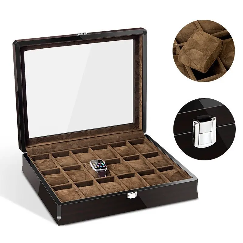 Caja de reloj de madera para hombre, organizador de joyas con 6 ranuras  para hombre, con parte superior de cristal, estuche de exhibición lacado de  2