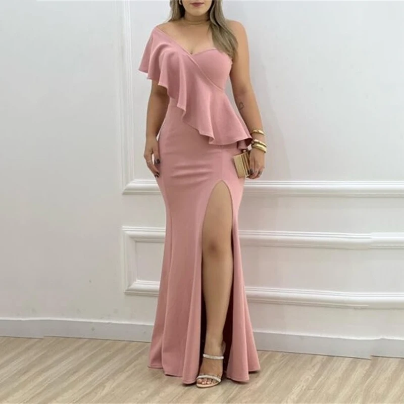 

Elegant Solid Color Higt Waist Spit Bodycon Slim Women Evening Dress Sexy Breast Wrap Off Shoulder Wrapped Hip Skirt Party Dress