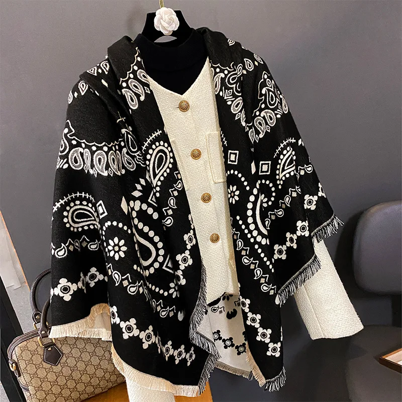 

Winter Luxury Design Square Paisley Printed Pashmina Thick Women's Warm Imitation Cashmere Blanket Scarf Shawl with Short Tassel