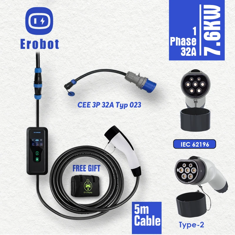 Cable de recharge - 7kW 32A 1 Phase - T2 - T2 - 5 mètres