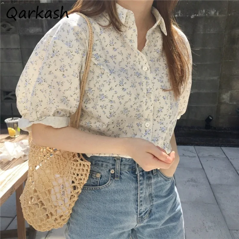 

Women Sweet Shirt Short Sleeve Floral Elegant Tender Skin-friendly Single Breasted Summer Breathable Lightweight Korean
