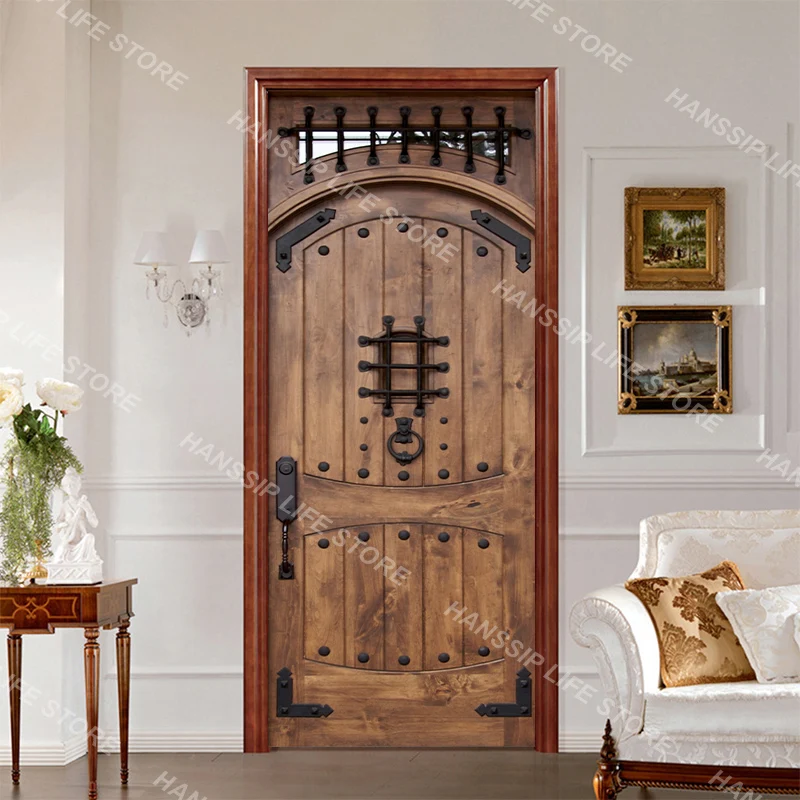 Sticker Porte 3D Effet Bois Rétro - Autocollant PVC Imperméable 83x205 Cm (2 Pièces) - Pour Salon, Chambre, Cuisine