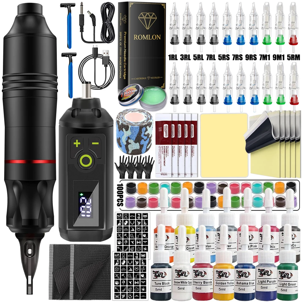 Wireless Tattoo Machine Kit Rotary Tattoo Pen Machine Set with Wireless Power Supply Needles Inks for Tattoo Artist Beginner