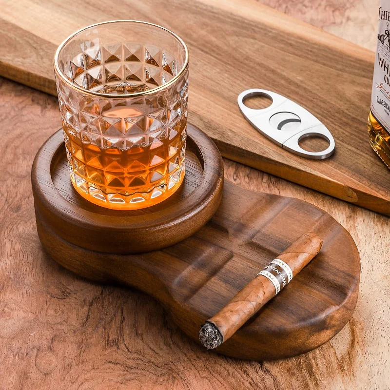 

Windproof Wooden Cigar Ashtray with Lid Whiskey Glass Tray Portable Ashtray Smoking Accessories