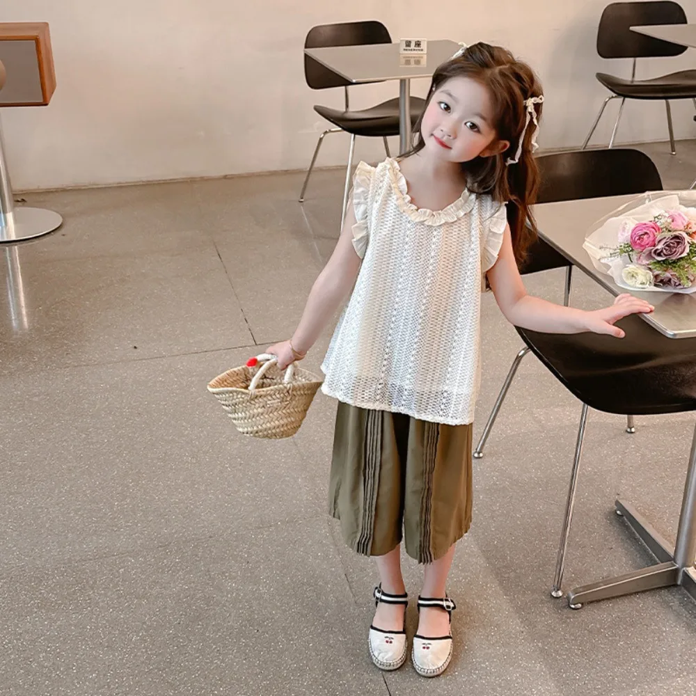 

Girls Suit 2024 Summer New Korean Style Fashion Solid Color Tank Top Hollow Out Ruffle Two Piece Set Summer Children Suits