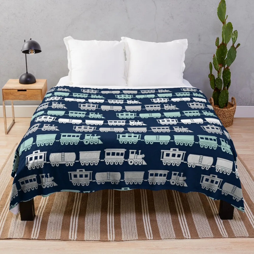 

Trains - trains on navy Throw Blanket Fashion Sofa Blankets Kid'S Blanket Sleeping Bag Blanket Furry Blanket