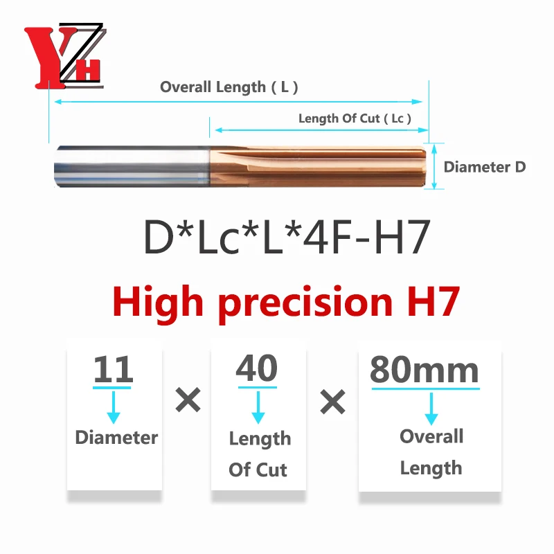 YZH Carbide Machine Reamer HRC60 11mm ~25mm Coated Straight Groove 4F 6F Tolerance H7 Inner Hole Harened Steel Metal Cutter CNC 4