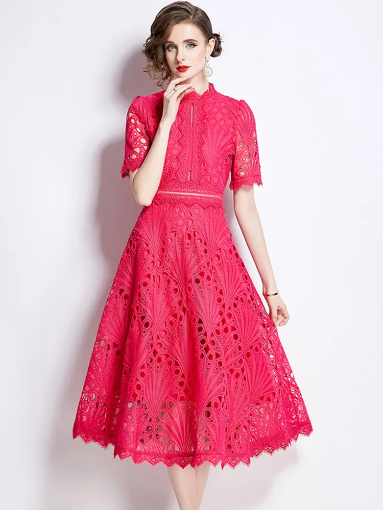 

SMTHMA Women Summer New Fashion Lace Hollow Out Dress Ladies Short Sleeved Vintage Elegant Long DressesVestidos