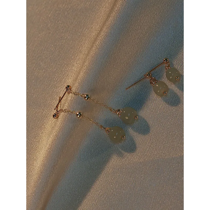 Hetian Jade Long Earrings Female Fringe Ear Line Ancient Chinese Style Hanfu Cosplay Accessories Ethnic Jewelry for Women Girls