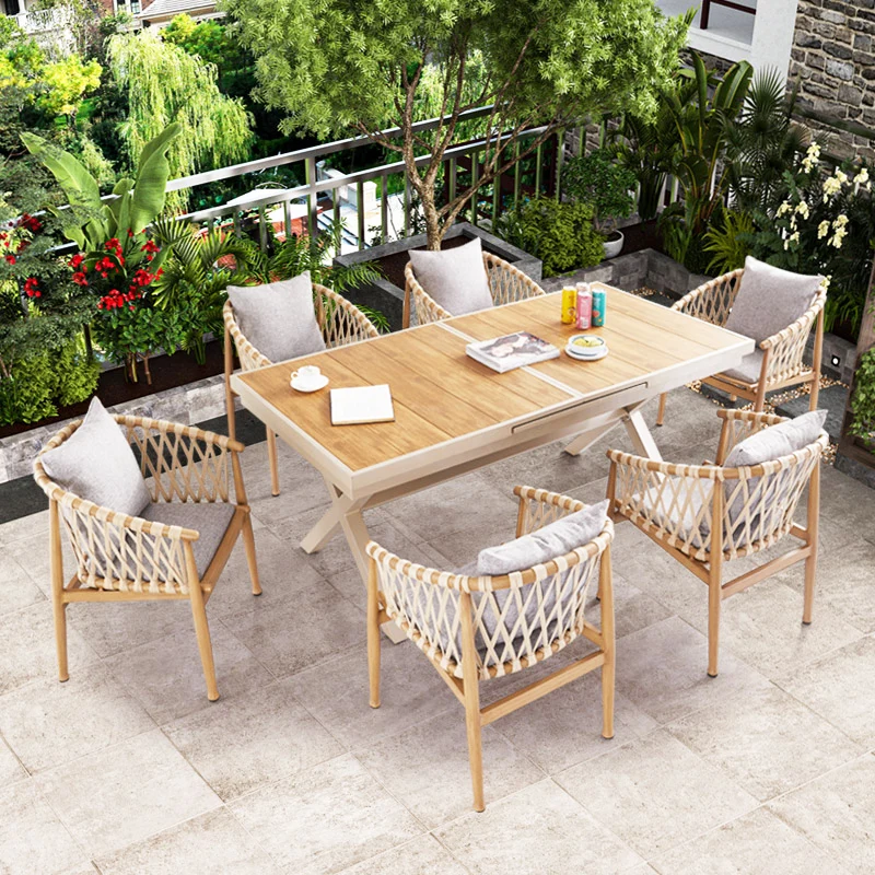 Outdoor leisure simple plastic wood dining table and chair set waterproof sunscreen Garden Furniture Set