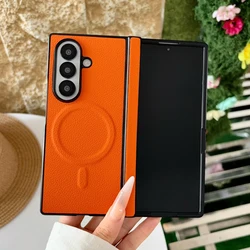 Luxury Magnetic Lychee Pattern PU Leather Non - Slip Folding Phone Cover for Galaxy Z Fold 8 Ultra (Orange)