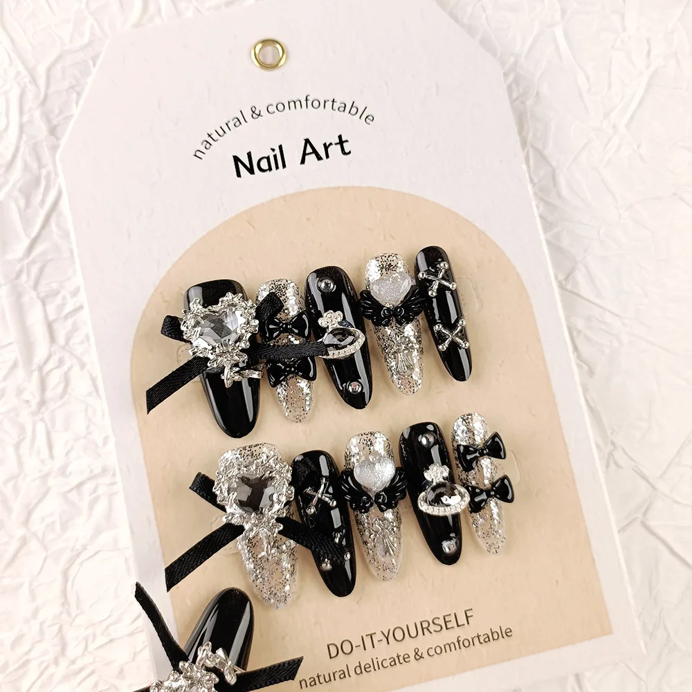 Fake Nails NewGoldcast Handmade Press on Black Bow Tie Wearable Pink Cute Long Winter Reusable Full Cover Charm Art