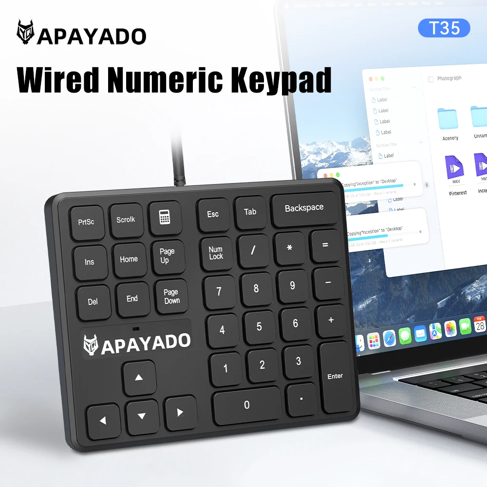 Apayado 유선 멤브레인 숫자 키패드 USB 초박형 무음 미니 숫자 패드 노트북 데스크탑 O용 원키 퀵 계산기 실행