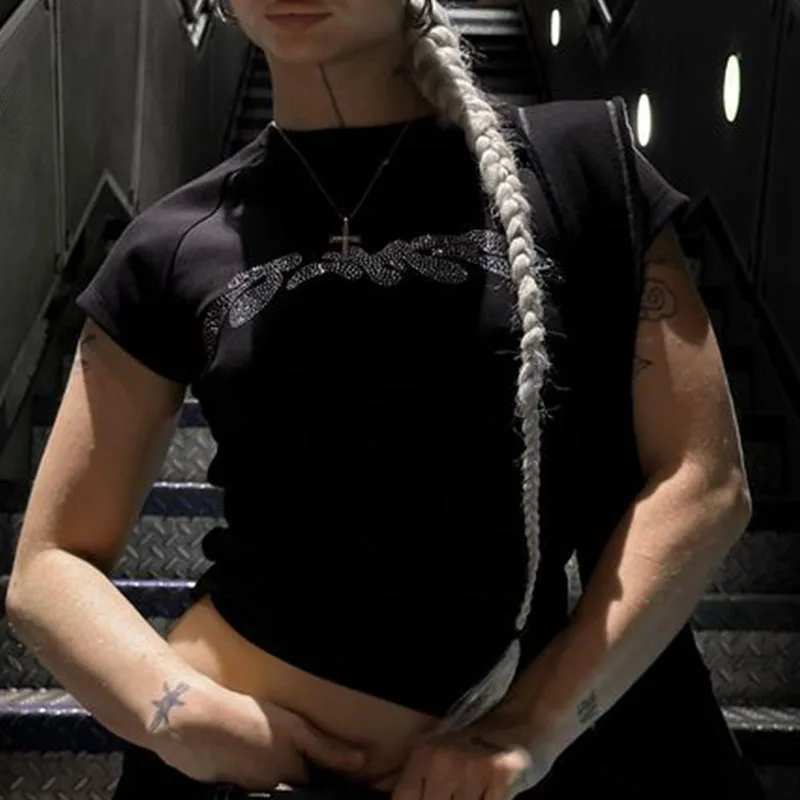 Donne Punk Lettera Cosmic Graphic Summer Top Vintage Strass Manica Corta Cropped Top Casual Harajuku Ladies Black T-Shirt