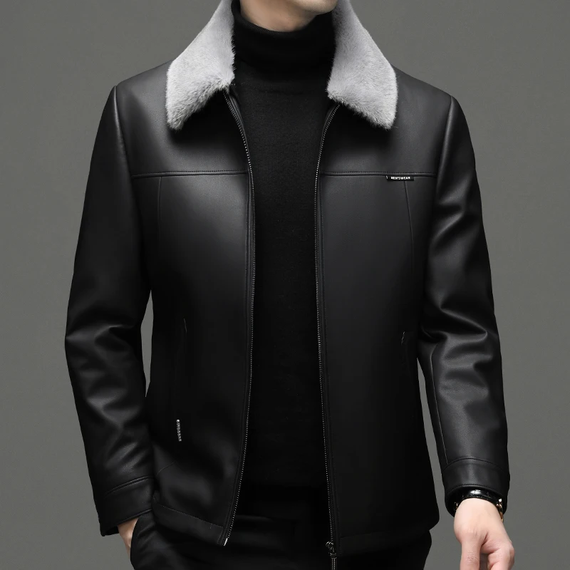 Men's Winter Removable Ferret Down Collar Sheepskin Down Jacket White Duck Leather Jacket Thick YN-2286