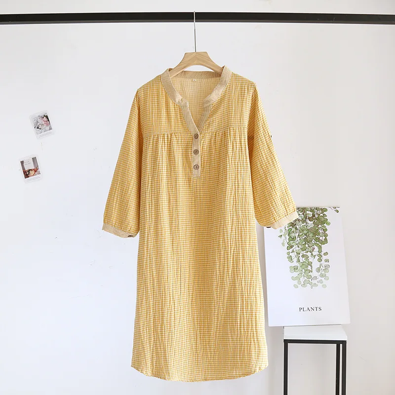 Spring and autumn new women's long skirt 100%cotton gauze plaid nightdress long-sleeved home skirt simple V-neck skirt nightgown