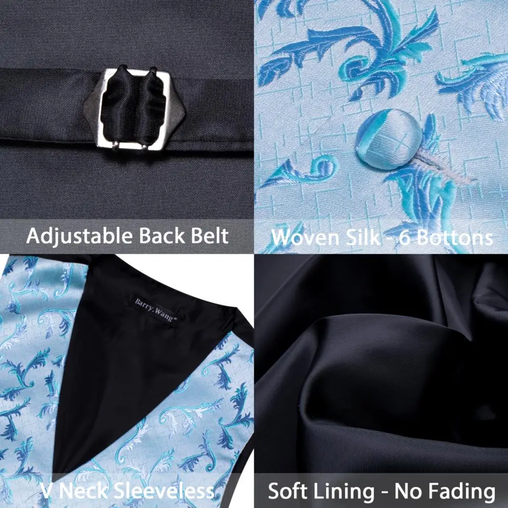 Luxury Silk Vest for Men Blue Waistcoat Tie Set Wedding Formal Dress Suit Man Gilet Male Sleeveless Jacket Barry Wang
