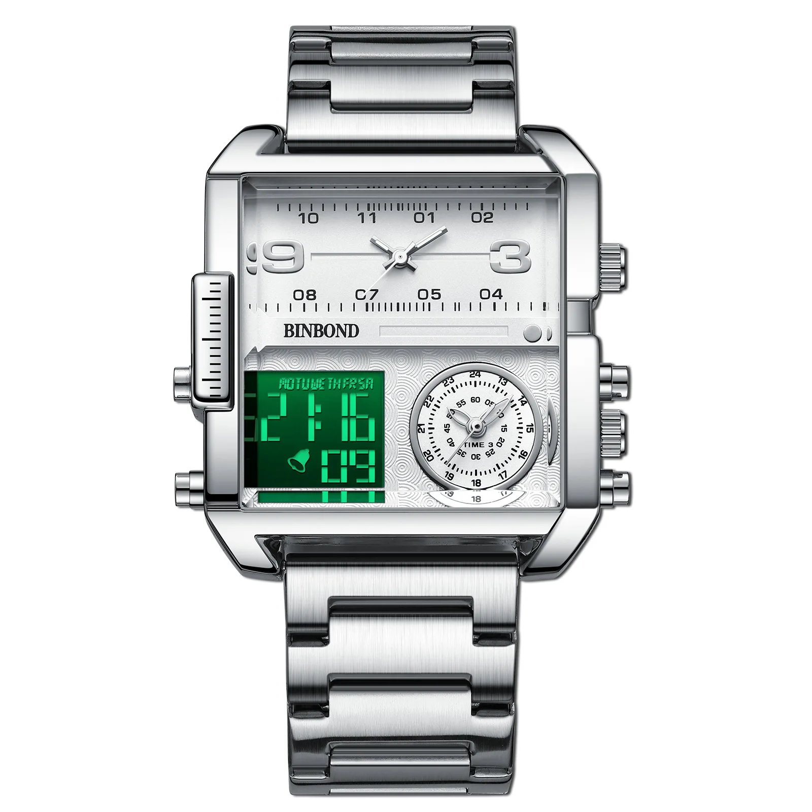 Binbond Popular Creative Super Large Dial Multifunctional Sports Quartz Men's Square Watch Time Night Light Running Temple Alarm