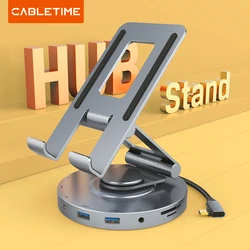 CABLETIME 8 in 1 Multi USB C Hub with 360 Rotating Stand HDMI 4K 60Hz PD 100W USB 5Gbps SD TF Aux 3.5mm for iPad Pro Tablet C441