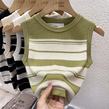 سترة بروتيل محبوكة مخططة على الطراز الكوري لعام 2025 سترة صيفية بدون أكمام بقصة ضيقة قطع علوية نسائية جديدة غير رسمية برقبة دائرية 2