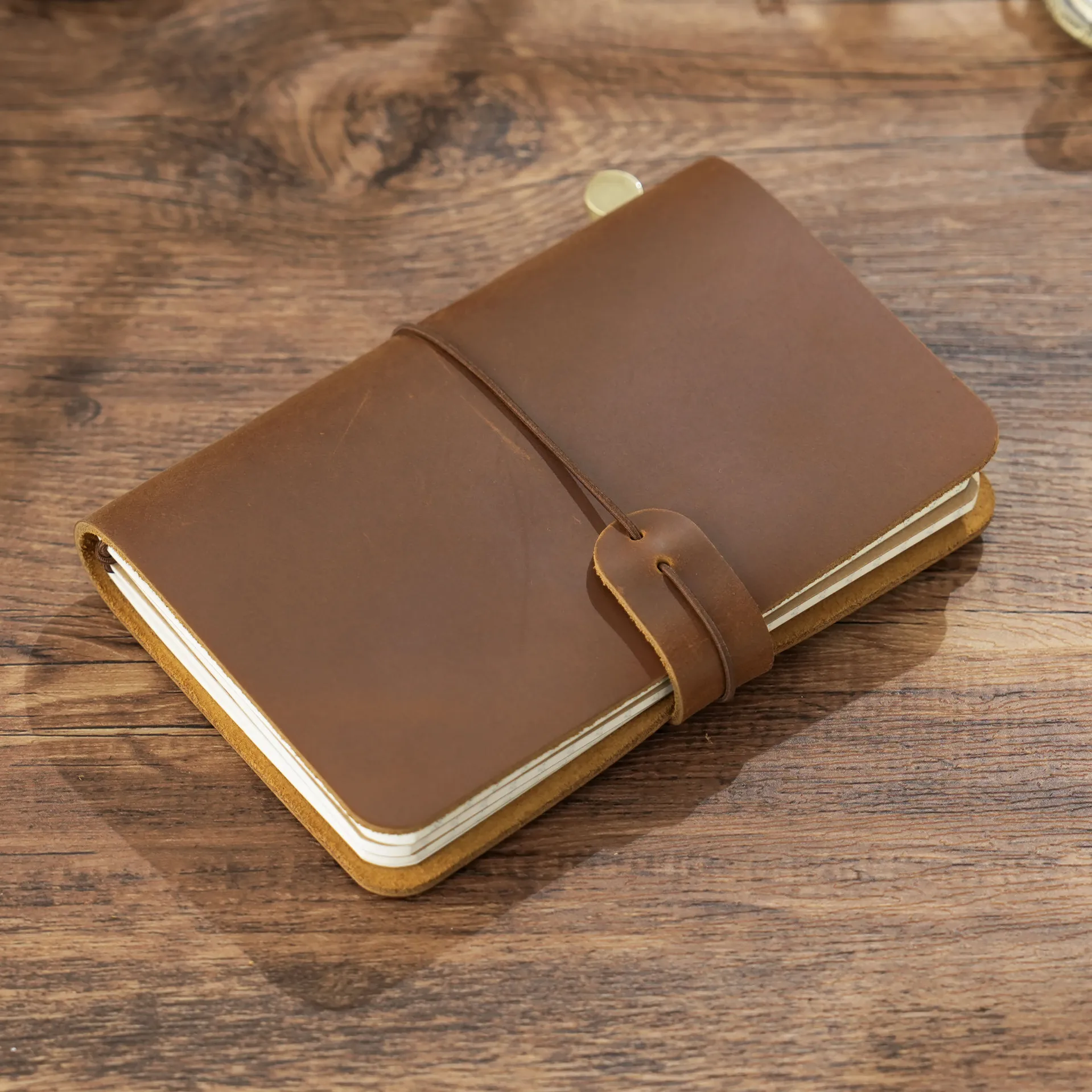 מחברת נוסע וינטאג', גרסה חיצונית, עור אמיתי עבודת יד, 14.8x10 סמ, יומן/יומן/תכנון עם סרט אלסטי