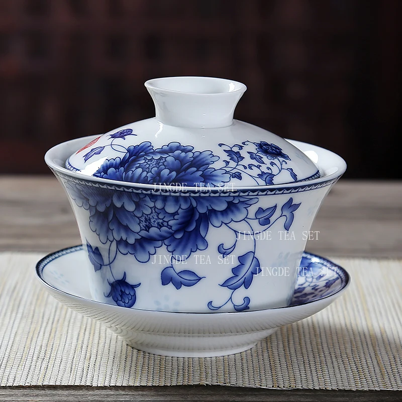 320ml Blue and White Porcelain Covered Bowl Large Chinese Household Tea Cup Porcelain Kung Fu Tea Set Sancai Tribute Tea Bowl