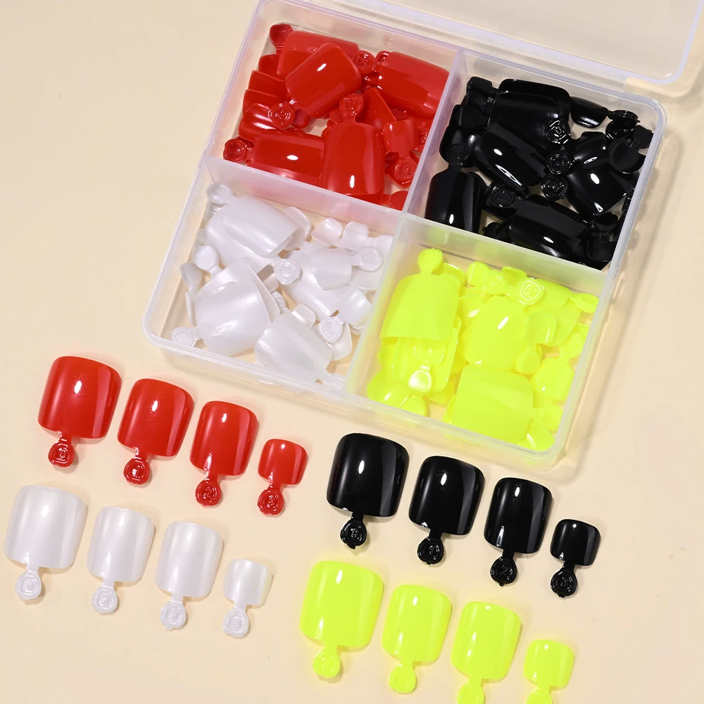 96 Stück/Box Einfarbige Schwarze/Weiße/Rosa Glänzende Sommer Aufklebenägel für Zehen Kurze Quadratische Französische Vollabdeckung Künstliche Zehennägel Falsche Fußnägel @ – Detail 10