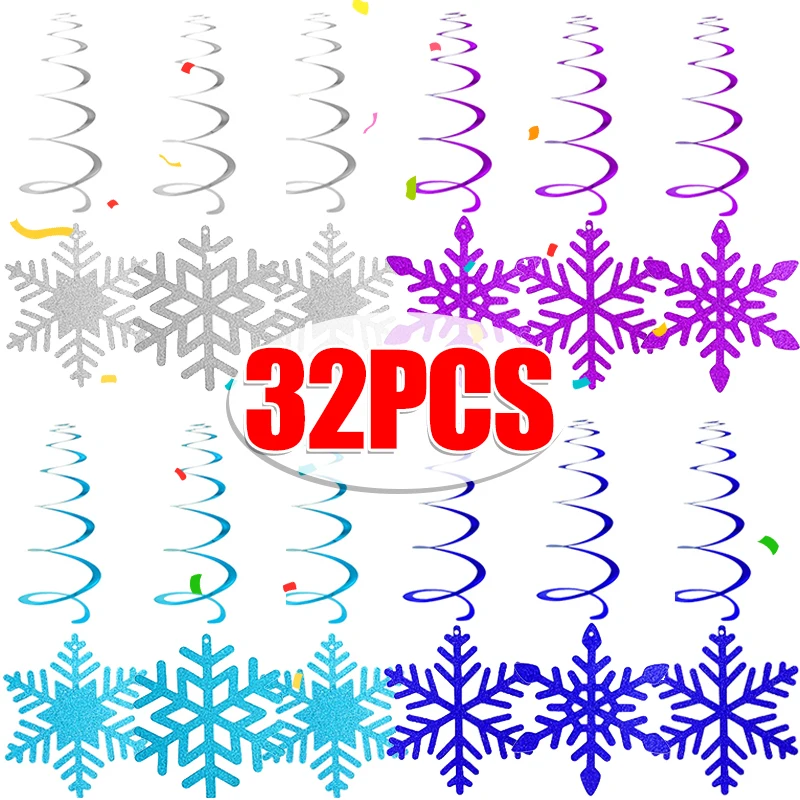 8-32Pcs Spiral Pendant Christmas Snowflake Dangling Swirls Metallic Ceiling Hanging Streamers Ornament Xmas Birthday Decorations