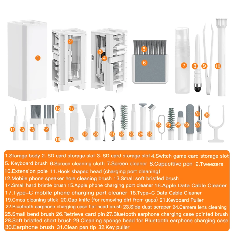 Hocent 32-in-1 Keyboard Cleaning Kit – Portable Multitool Set For Laptops, Phones, Earbuds & Screens