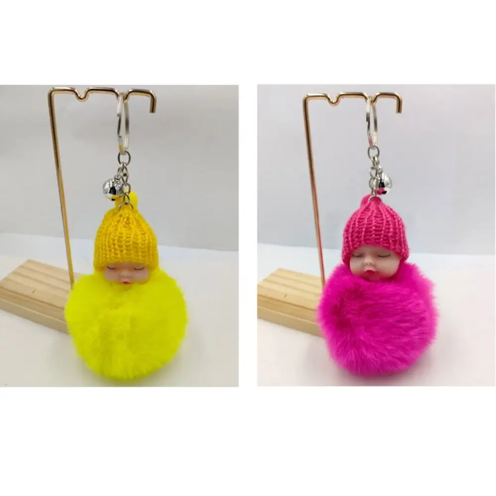 Sleeping Baby Key Ring Bag Pendant Pompom Key Buckle Faux Rabbit Fur Keyrings Plush Knitted Hat Keychain Fluffy Jewelry Key Ring
