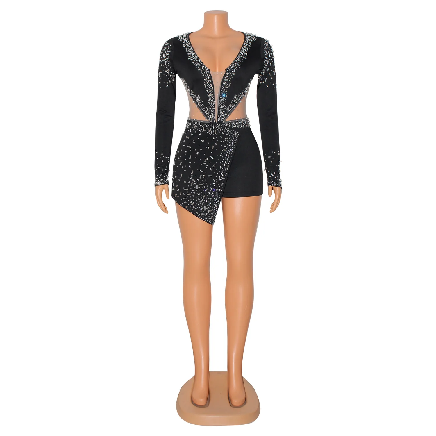 BKLD Autumn And Winter New Clothes For Women Sexy V-Neck Diamond Tight Long Sleeve Romper For Women One Pieces Clubwear