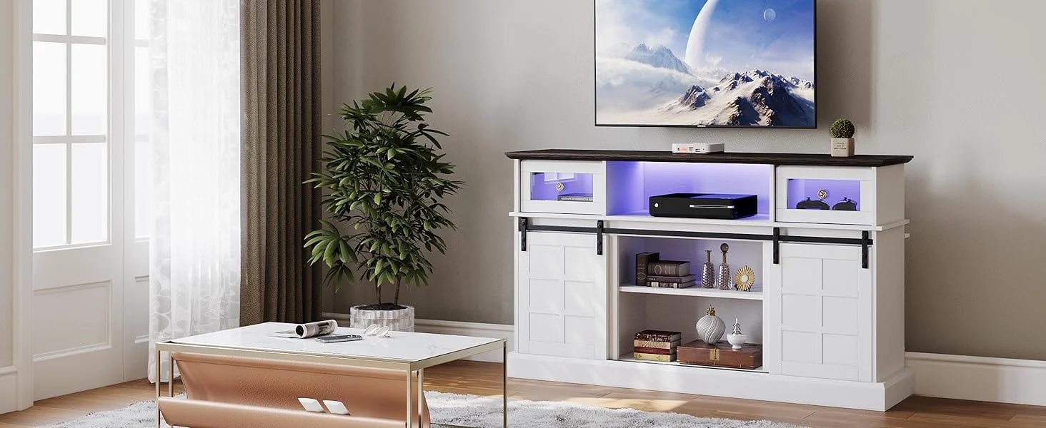 Description Picture 3 of itemLGHM Farmhouse TV Stand w/LED Light, White TV Stand for 65 inch TVs, Entertainment Center TV Cabinet Stands with Flip Drawers.