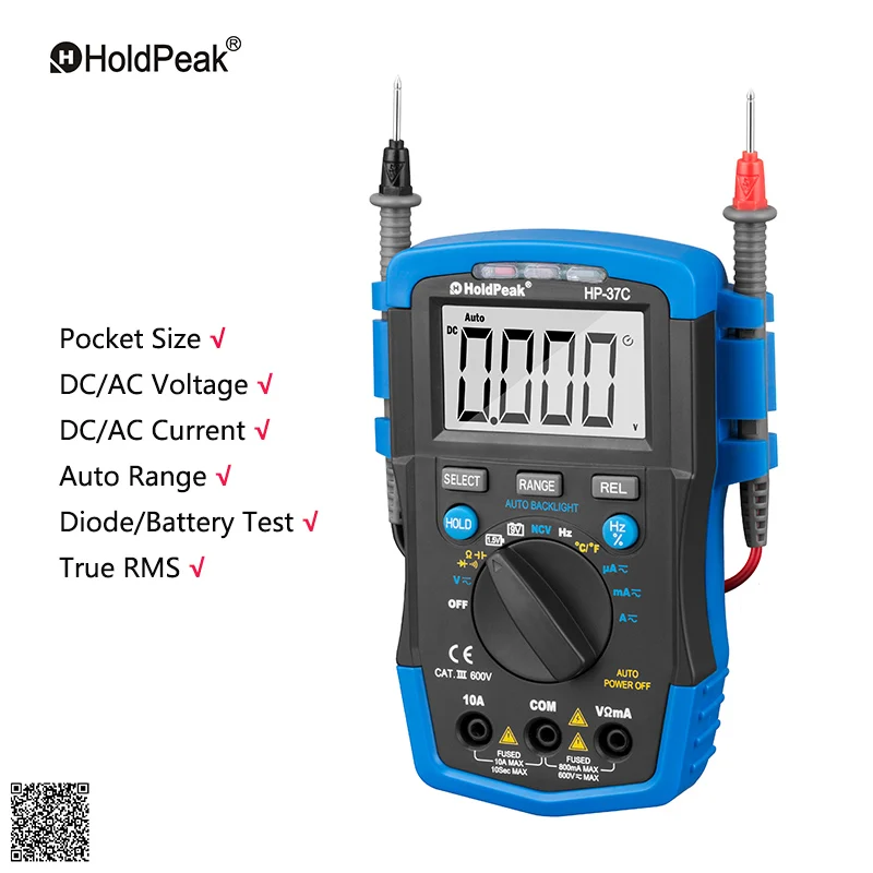 HoldPeak HP-37C Mini Multimetro Digital  Auto Range True RMS AC/DC Voltage Digital Multimeter Temperature NCV Electrical Tester