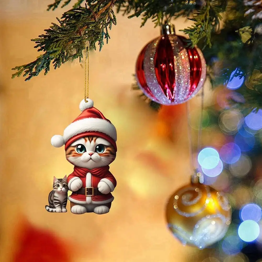 

2D Flat Cartoon Cat Charm Decorations Christmas Tree Pendant Car Rear View Mirror Hanging Ornaments Gift Home Xmas Party Decor