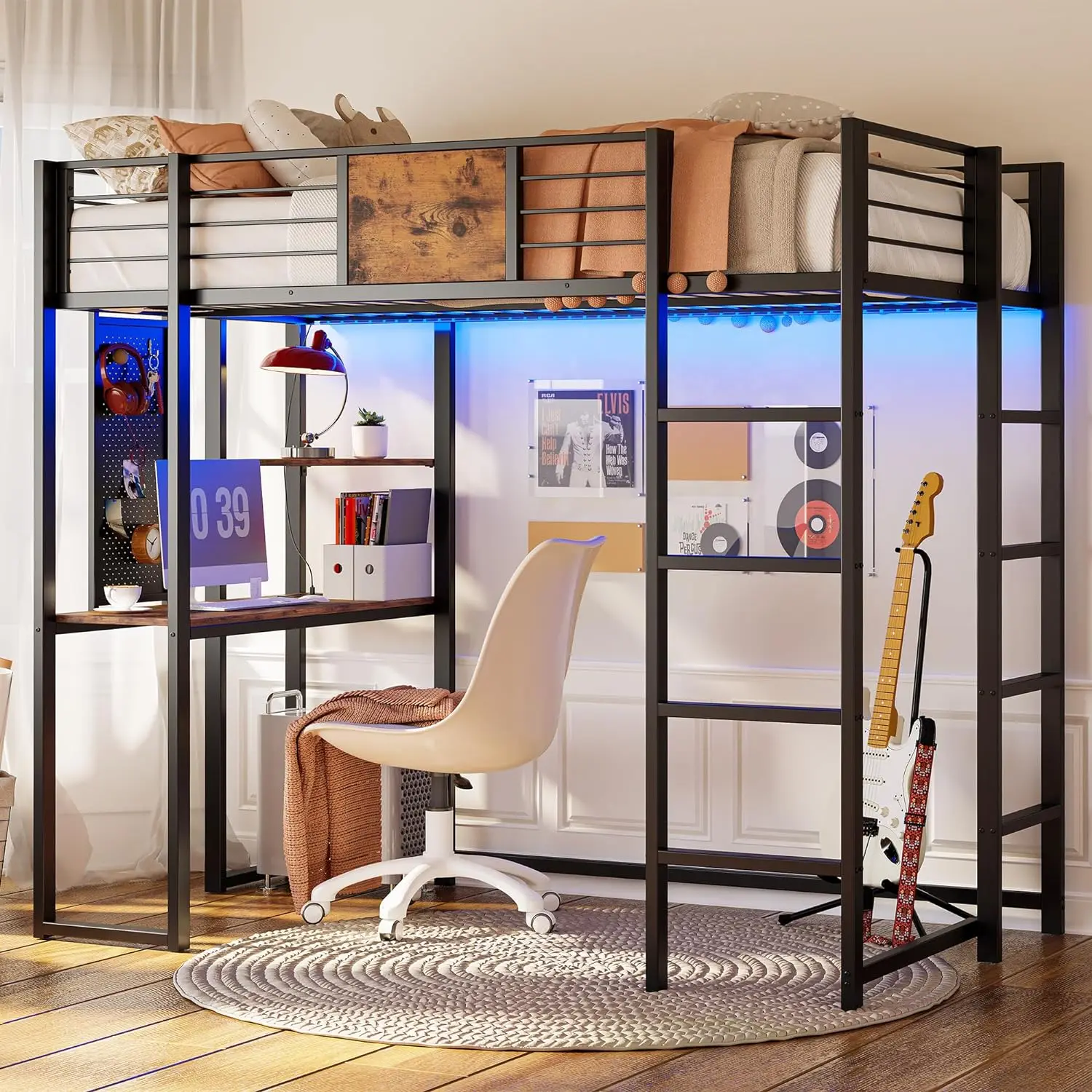 

Loft Bed Twin Size w/ Desk&Shelves for Teens Adult, Loft Bed Frame w/ 2 Built-in Ladders, Power Outlet&LED Lighted, Space-Saving