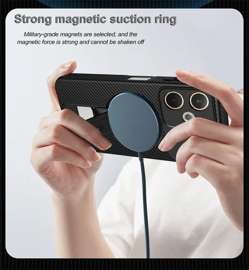 Carbon Fiber Pattern Armor Phone Case with Magnetic Wireless Charging and Foldable Stand