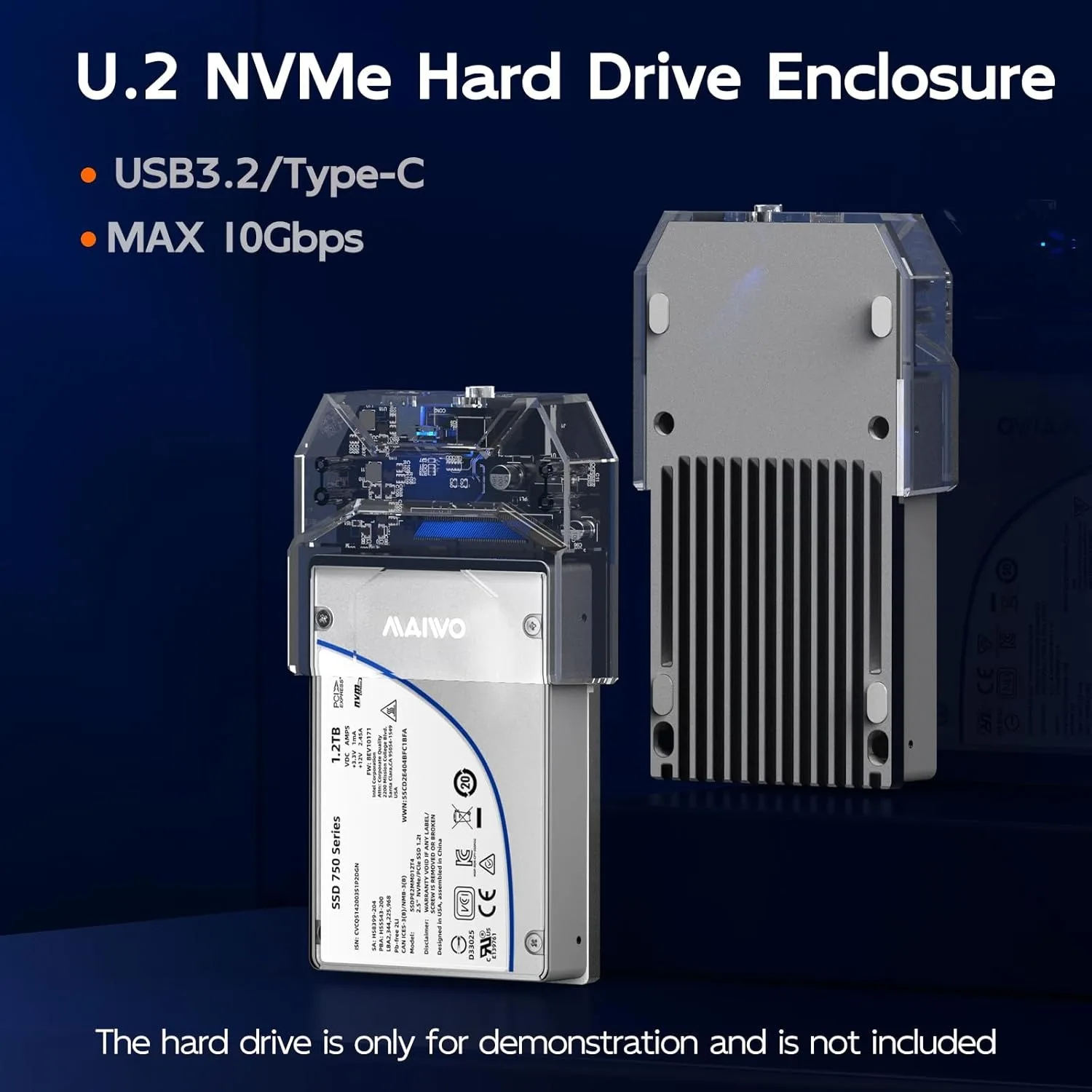 MAIWO 2.5'' U.2 NVMe SSD 인클로저 USB-C to U.2 어댑터 10Gbps USB3.2 Gen2 외장 U.2 SSD 케이스 툴리스 설치 방식 표시등 포함