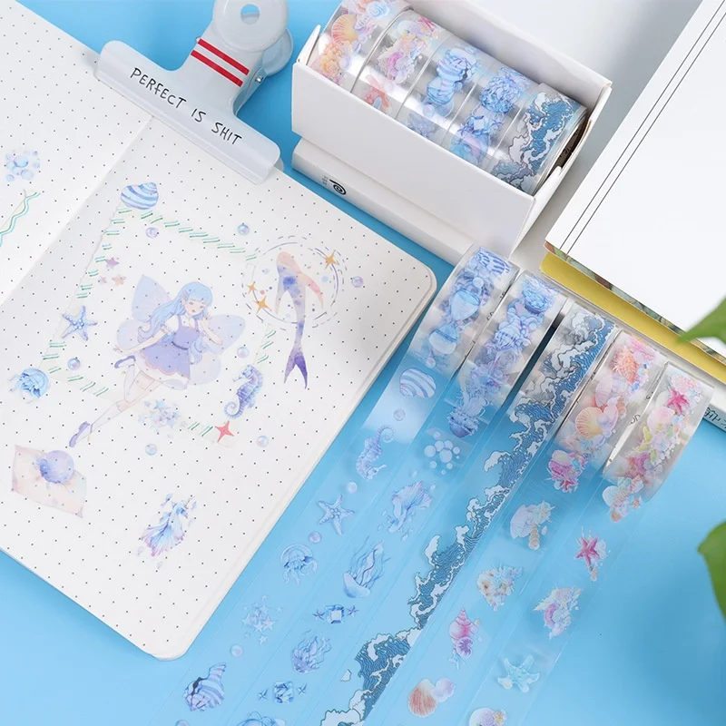 5 롤의 투명 PET 테이프 꽃 와시 테이프 학생 문구 용품 수제 DIY 장식 테이프