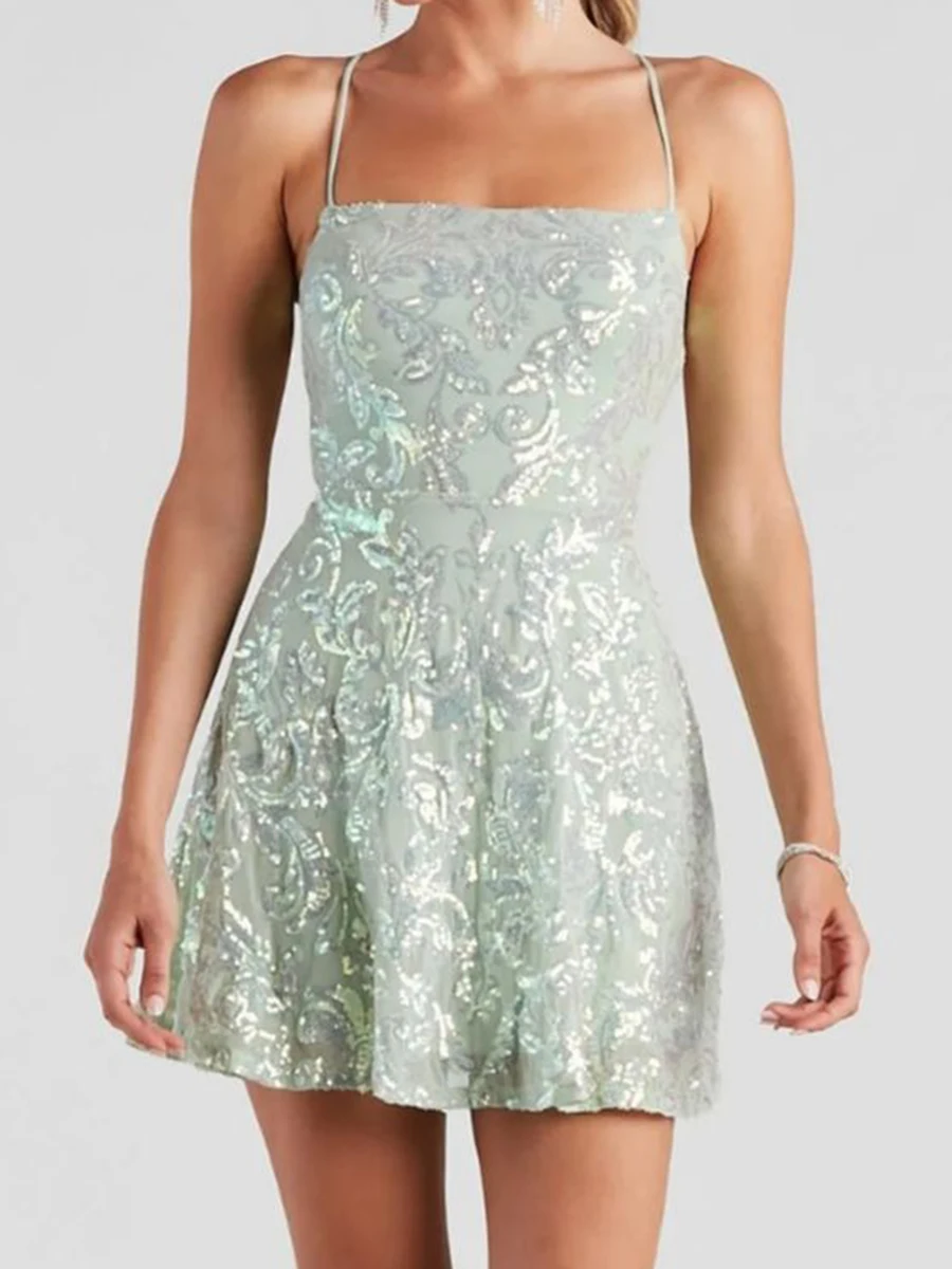

Sequins Applique Mini Dresses Women 2024 New Summer Back Bandage Sleeveless Backless Party Vestidos Sexy Fashion Clubwear Dress