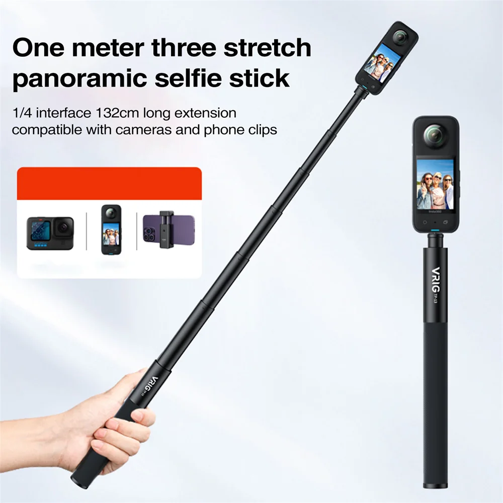 130CM Extendable Invisible Selfie Stick Pole for GoPro 11 10 9 8 7 Insta360  One RS/X3 Handgrip Action Camera Extension Rod