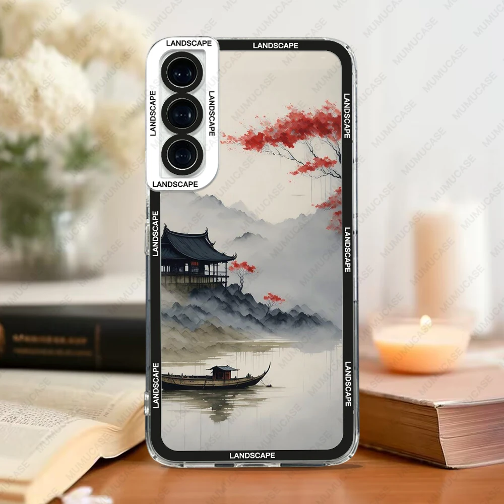 삼성 갤럭시 S20, S21 FE, S22, S23 울트라, A13, A32, A33, A50, A52, A53, A73, A54, A14 용 소프트 커버 잉크, 풍경화 세척 케이스