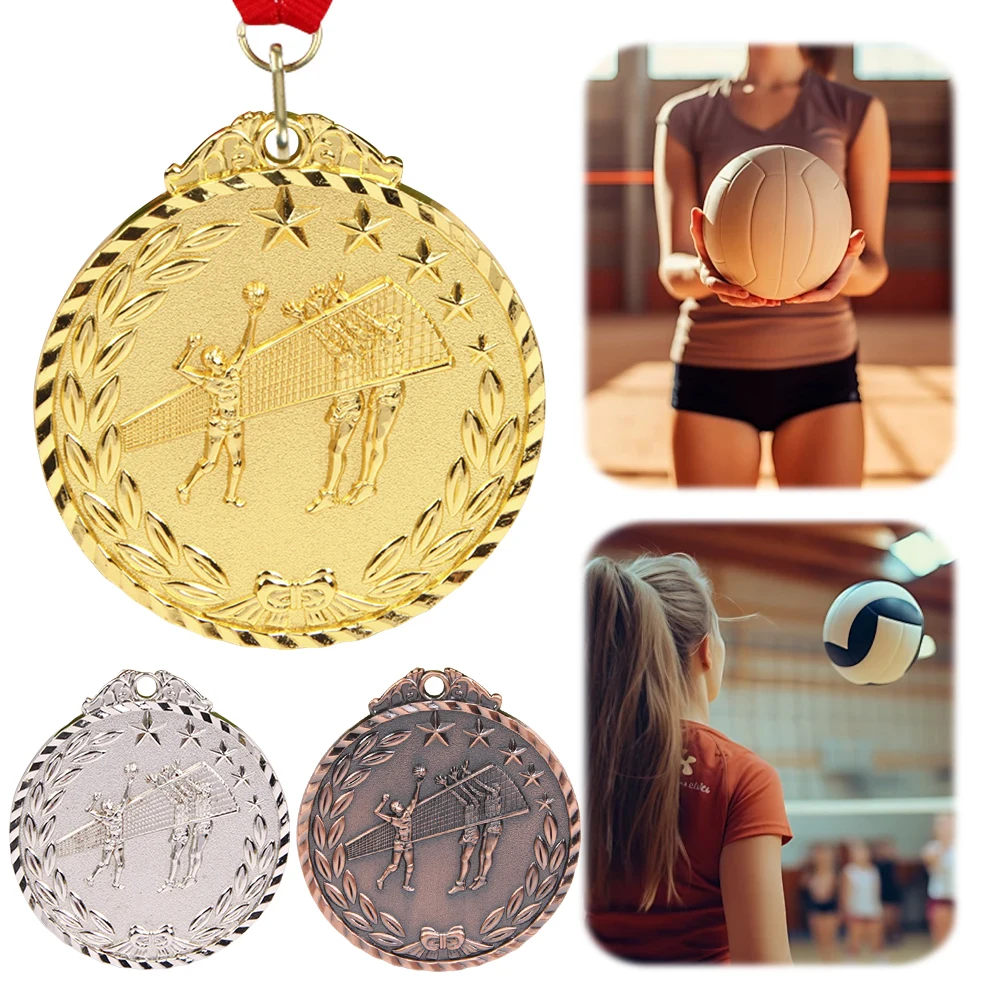 6.5cm Volleyball Medal Sports Rewards with Neck Ribbon Competition Awards Metal Winner Medals for Marathon Ball Games