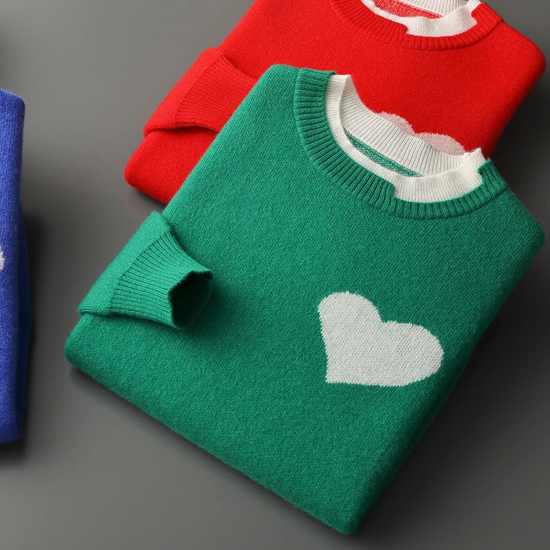 Autumn And Winter Men's 100 Pure Cashmere Thickened Color Matching love Sweater Fake Two Loose Wool Bottoming sweaters